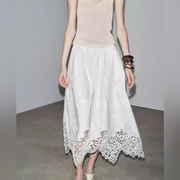 ZARA NWT $119 WOMAN SS25 ZW COLLECTION EMBROIDERED MIDI SKIRT WHITE | 6303/041 - Picture 8 of 14